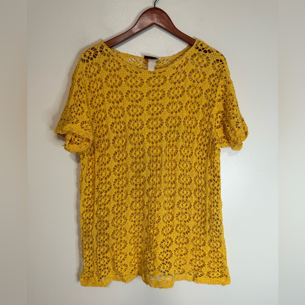 Jo Ro Vintage Yellow Crochet Short Sleeve swim coverup side large
